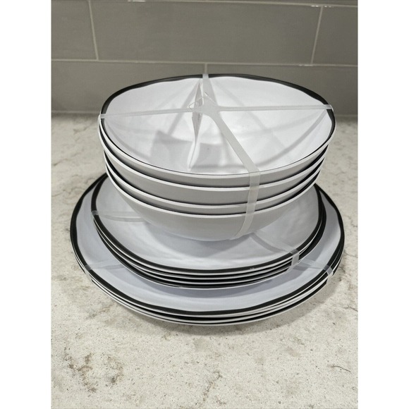Set 4 MATTE WHITE BLACK RIM Melamine 7.25x3” Salad Bowls Farmhouse Ashwell NEW - Picture 5 of 5